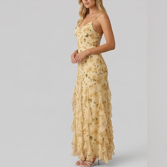 Meadow Dream V-Neck Floral Maxi with Layered Ruffles Yellow - Picture 2 of 9